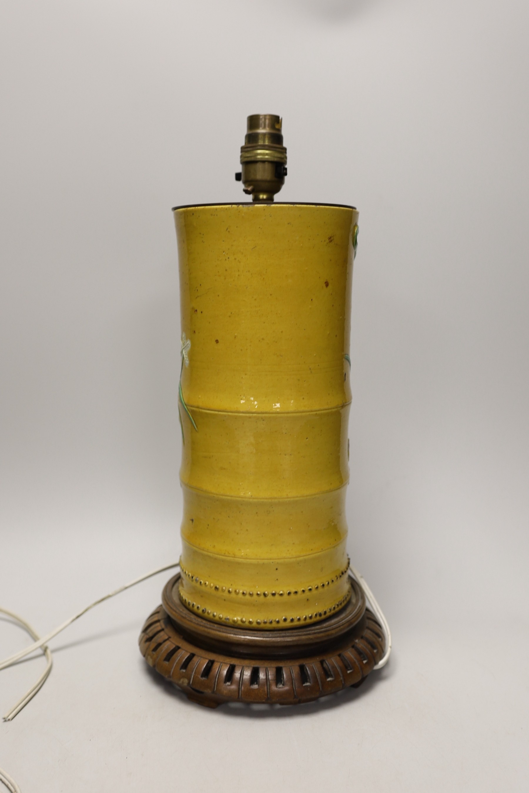 A Chinese polychrome glazed sleeve vase, of Wang Bing Rong type, on stand converted into a lamp. 40cm overall